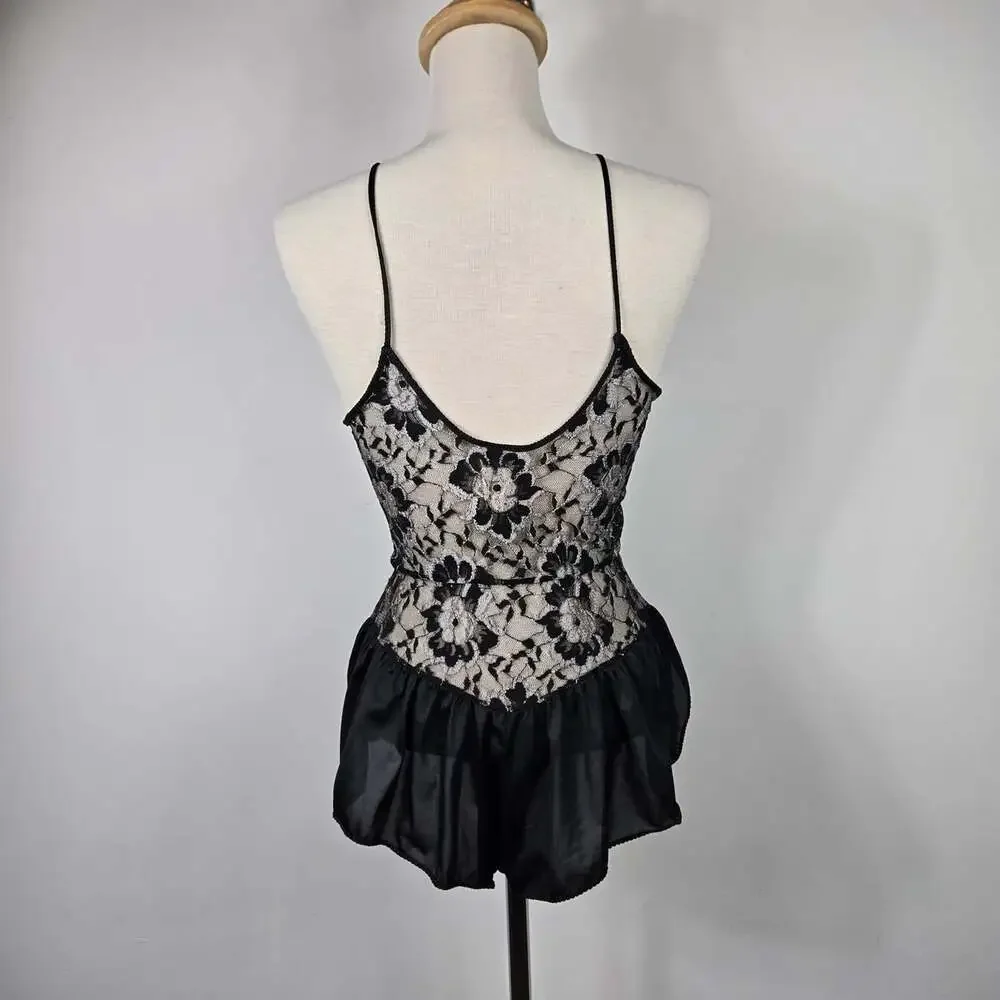 Vintage Undercover Wear Black Lace Teddy Romper Bodysuit Small Lingerie USA
